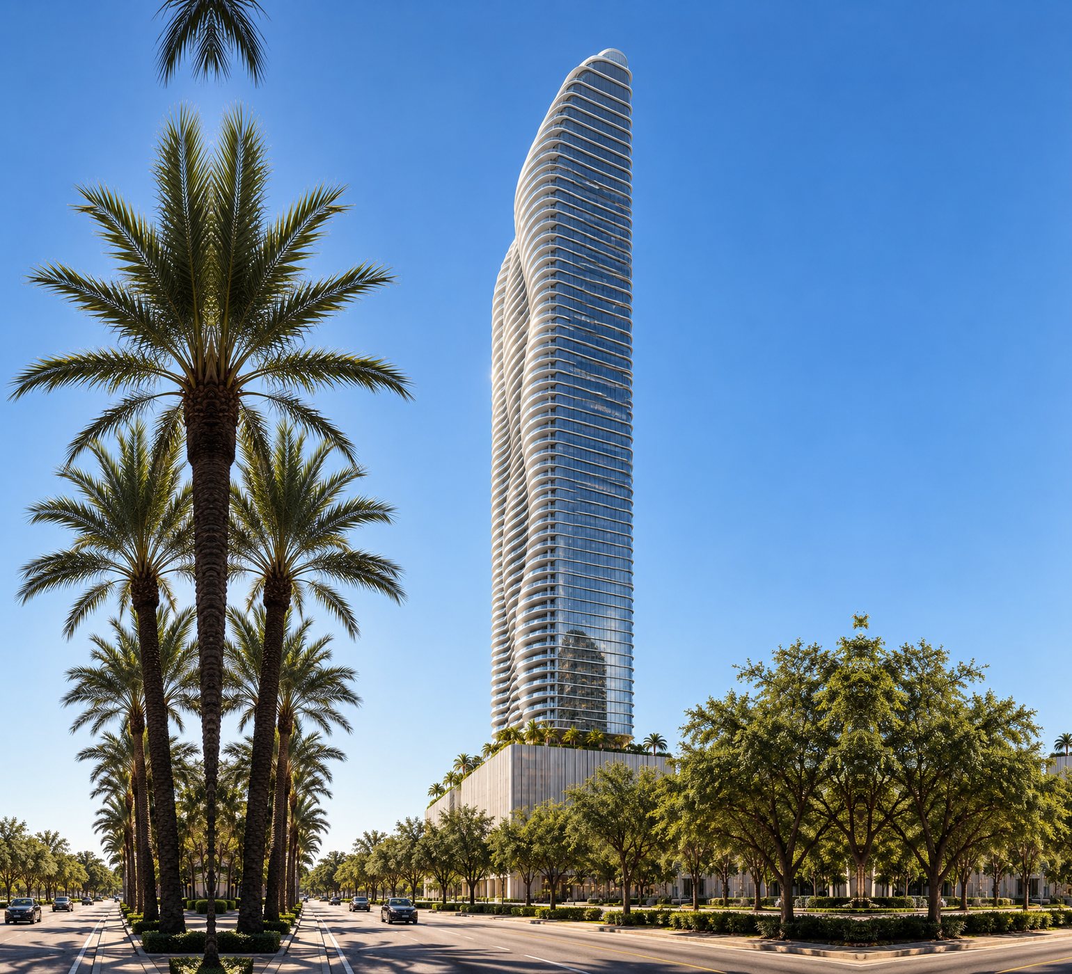 Illustration of The Residences at 1428 Brickell seen from a palm-lined street
