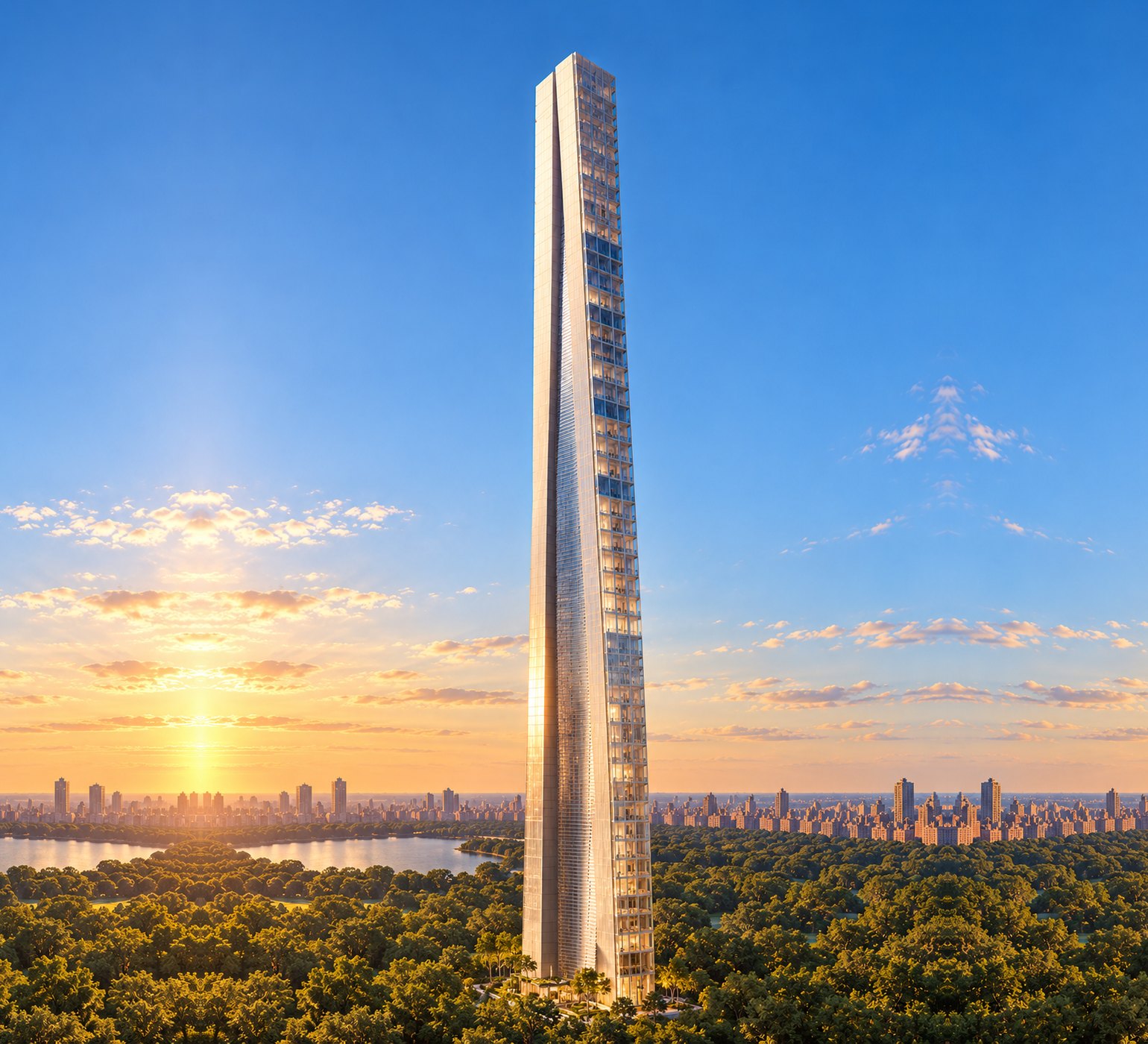 Illustration of 41-47 West 57th rising above Central Park at sunset