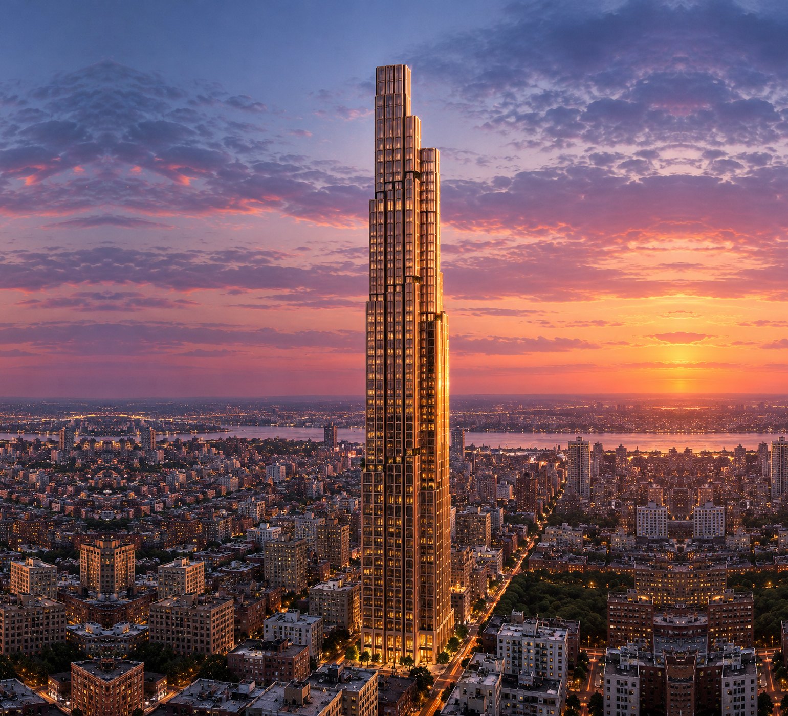 Illustration of 520 Fifth Avenue glowing above Manhattan at sunset
