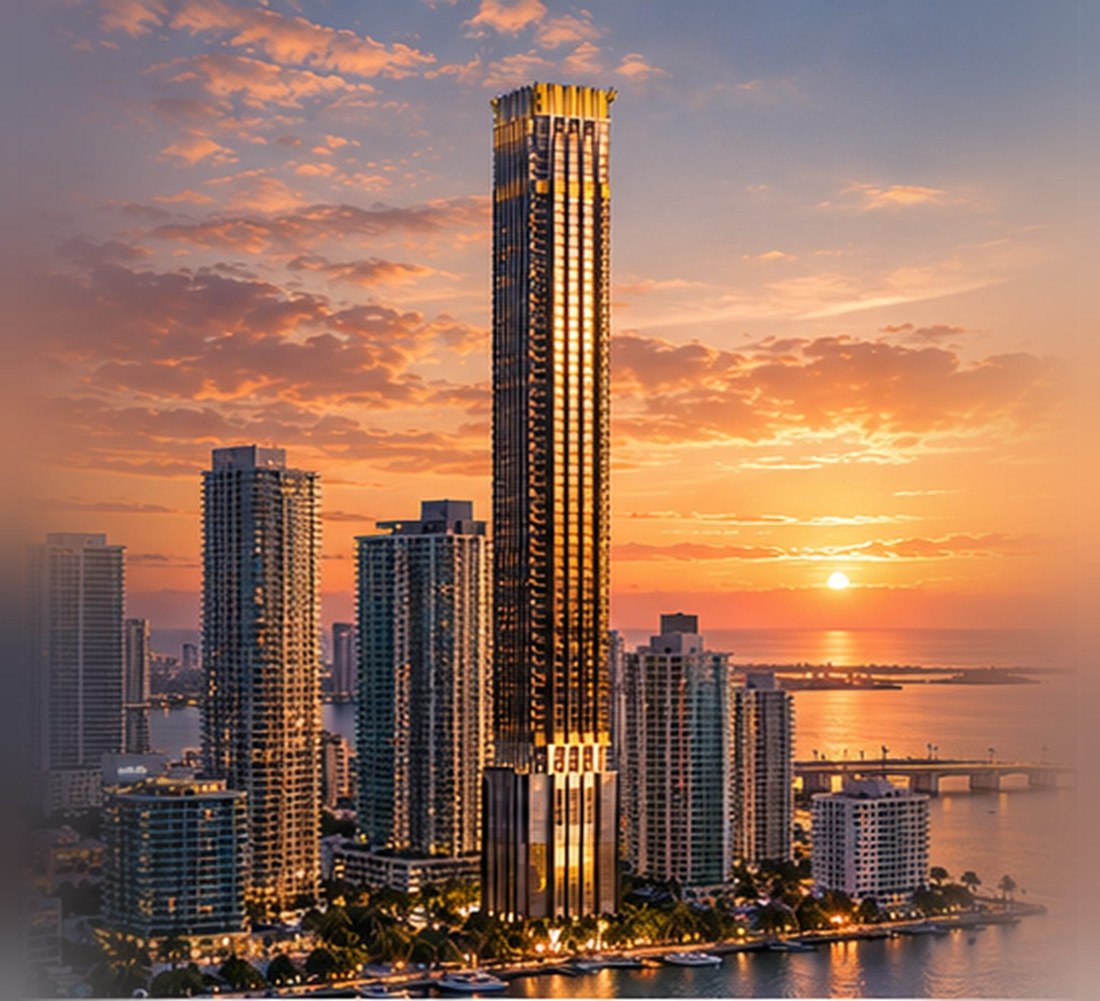 Illustration of 888 Brickell rising above the Miami skyline at sunset