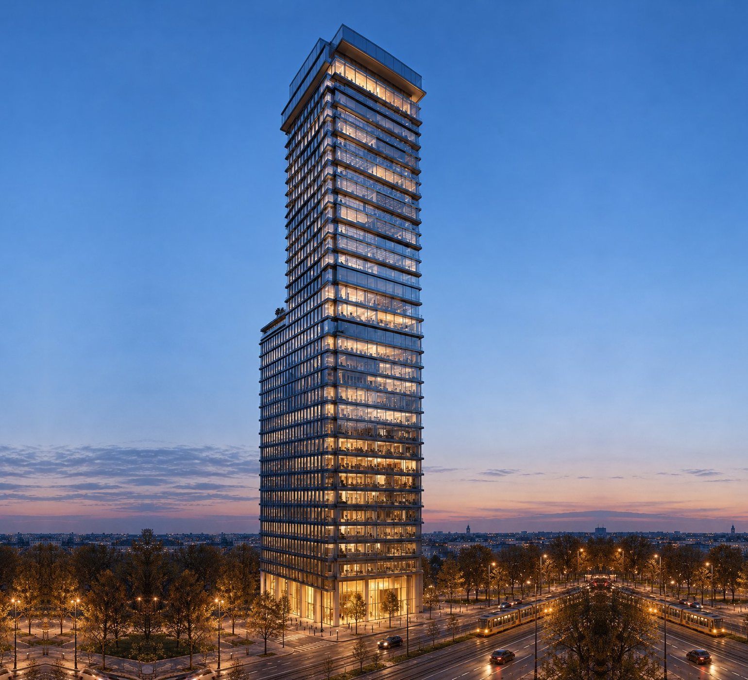 Illustration of AFI Tower in Warsaw at dusk