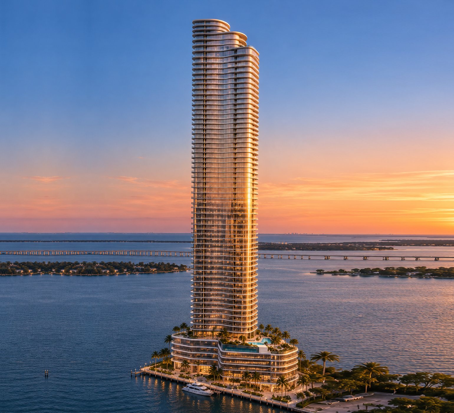 Illustration of Cipriani Residences Miami on Biscayne Bay at sunset