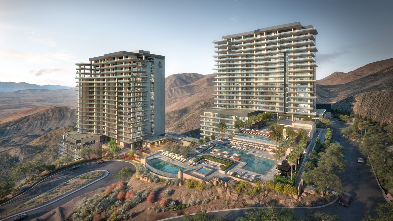 Rendering of the two Four Seasons Private Residences Las Vegas towers with pools and desert hills