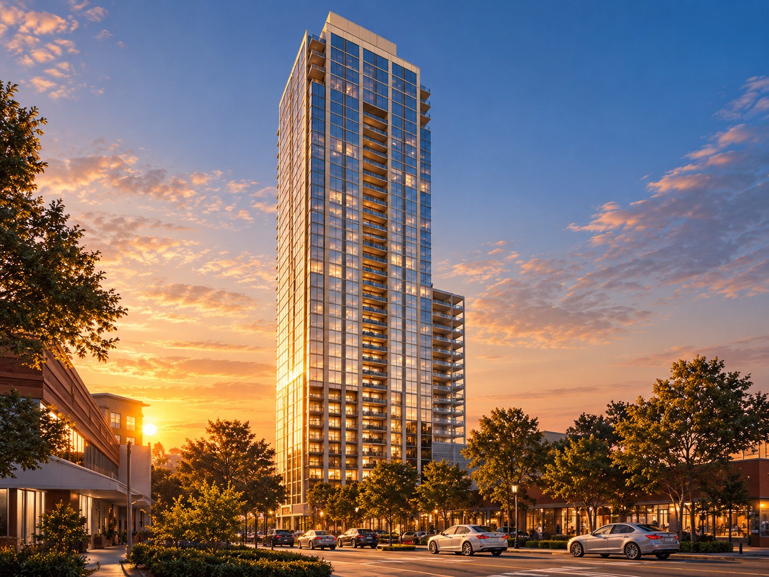 Illustration of Highline Glenwood in Raleigh at golden hour