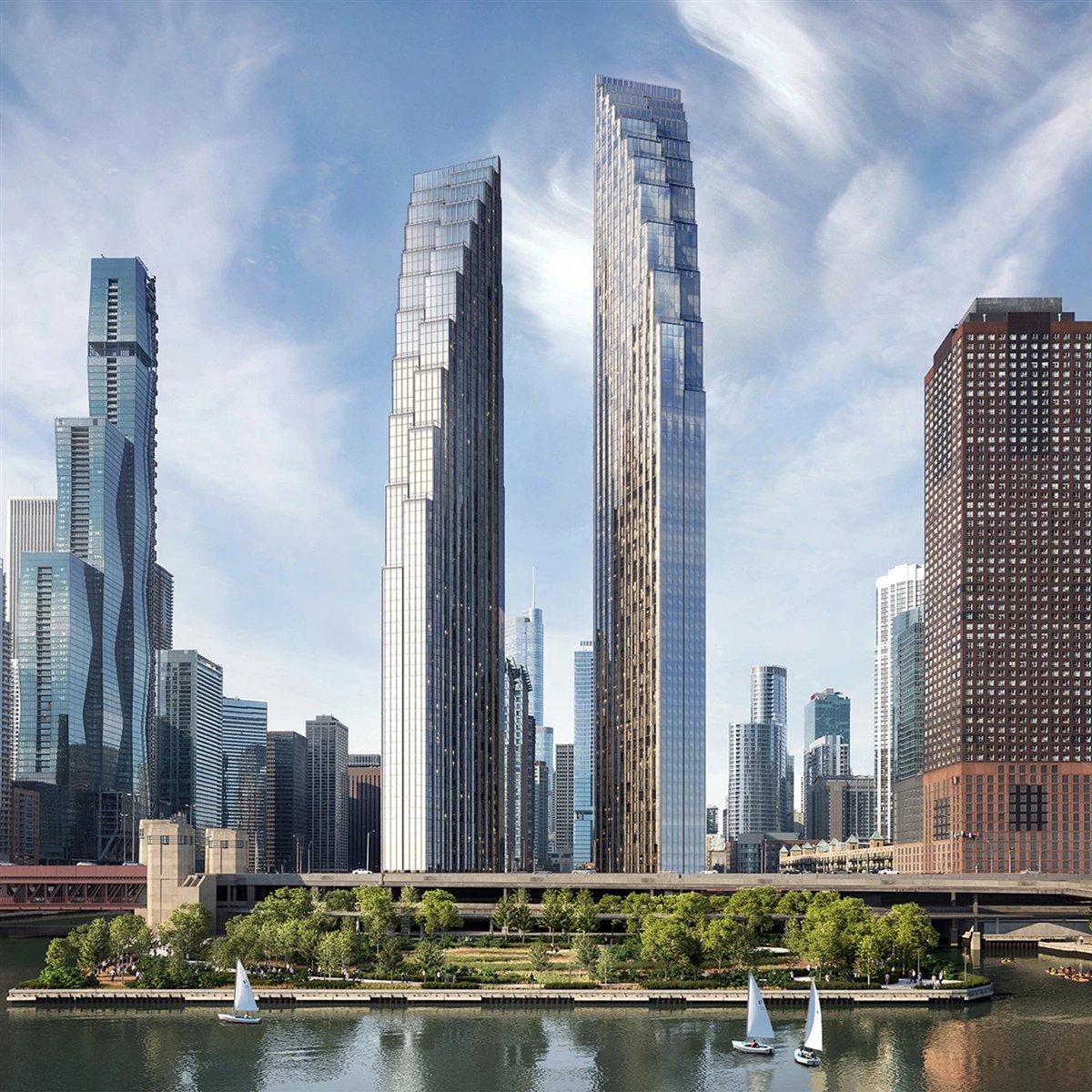 Rendering of the two 400 Lake Shore towers seen from the Chicago River