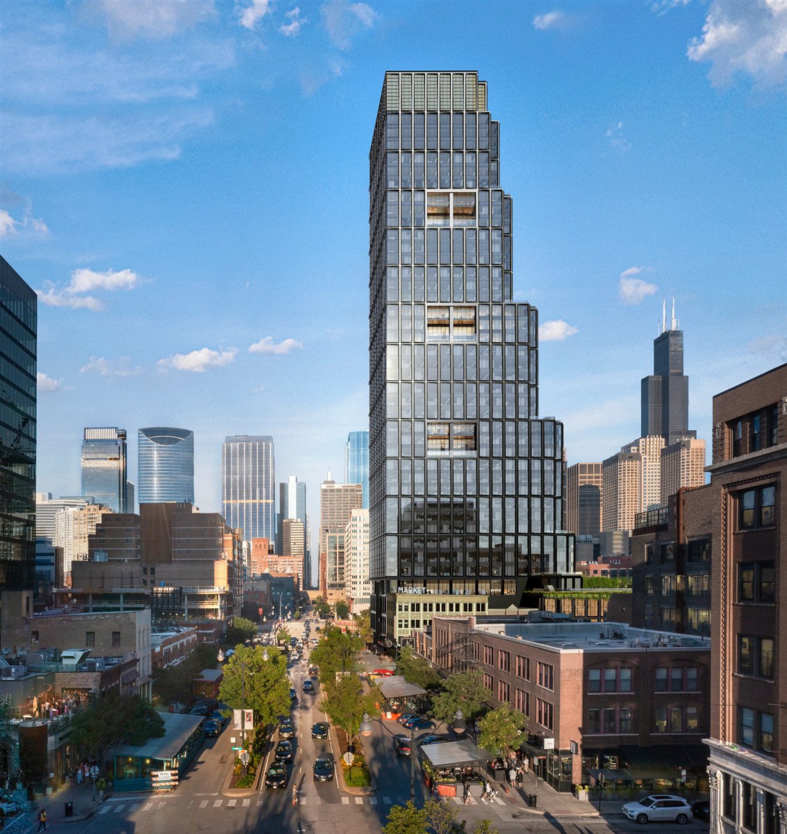 Rendering of the planned tower at 725 W Randolph Street in Fulton Market