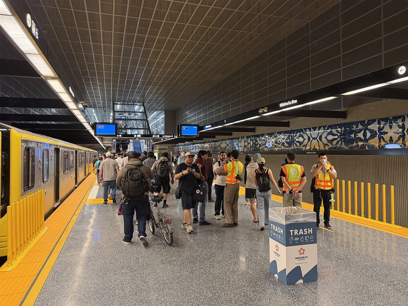Passengers on the platform at the new Wilshire/La Brea station