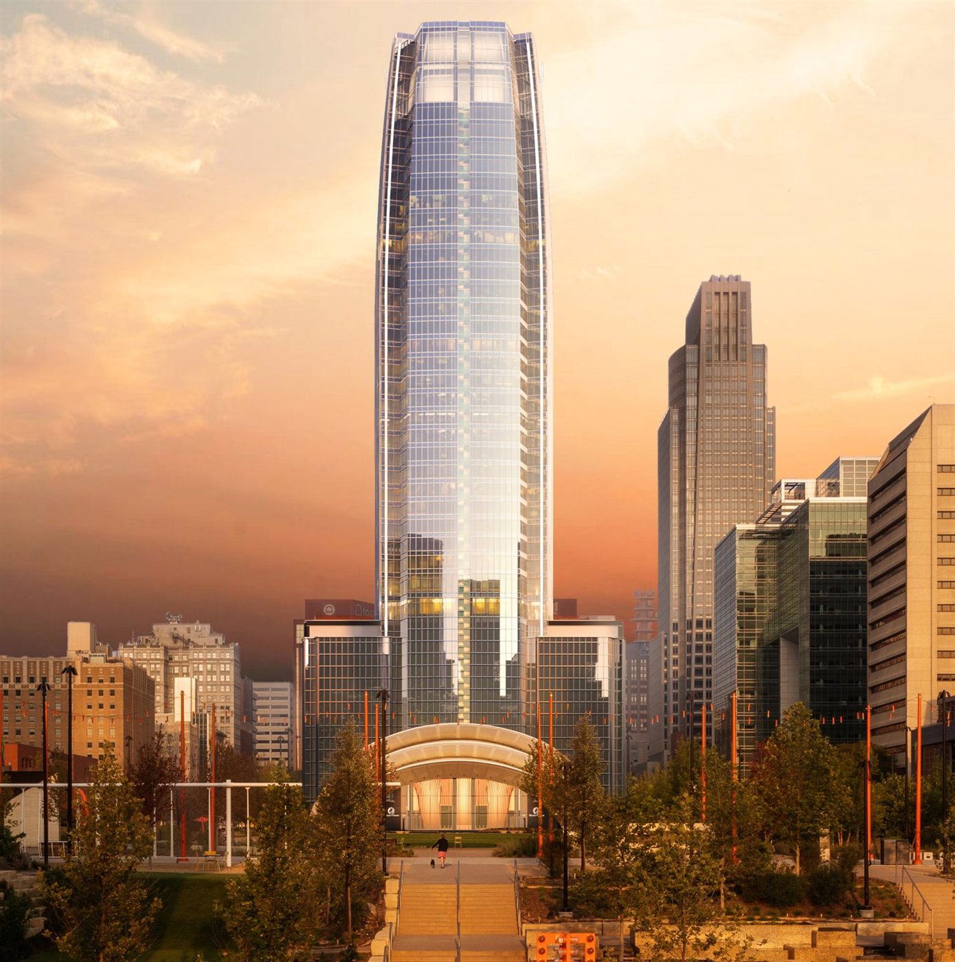 Rendering of the front of the Mutual of Omaha Headquarters Tower at sunset