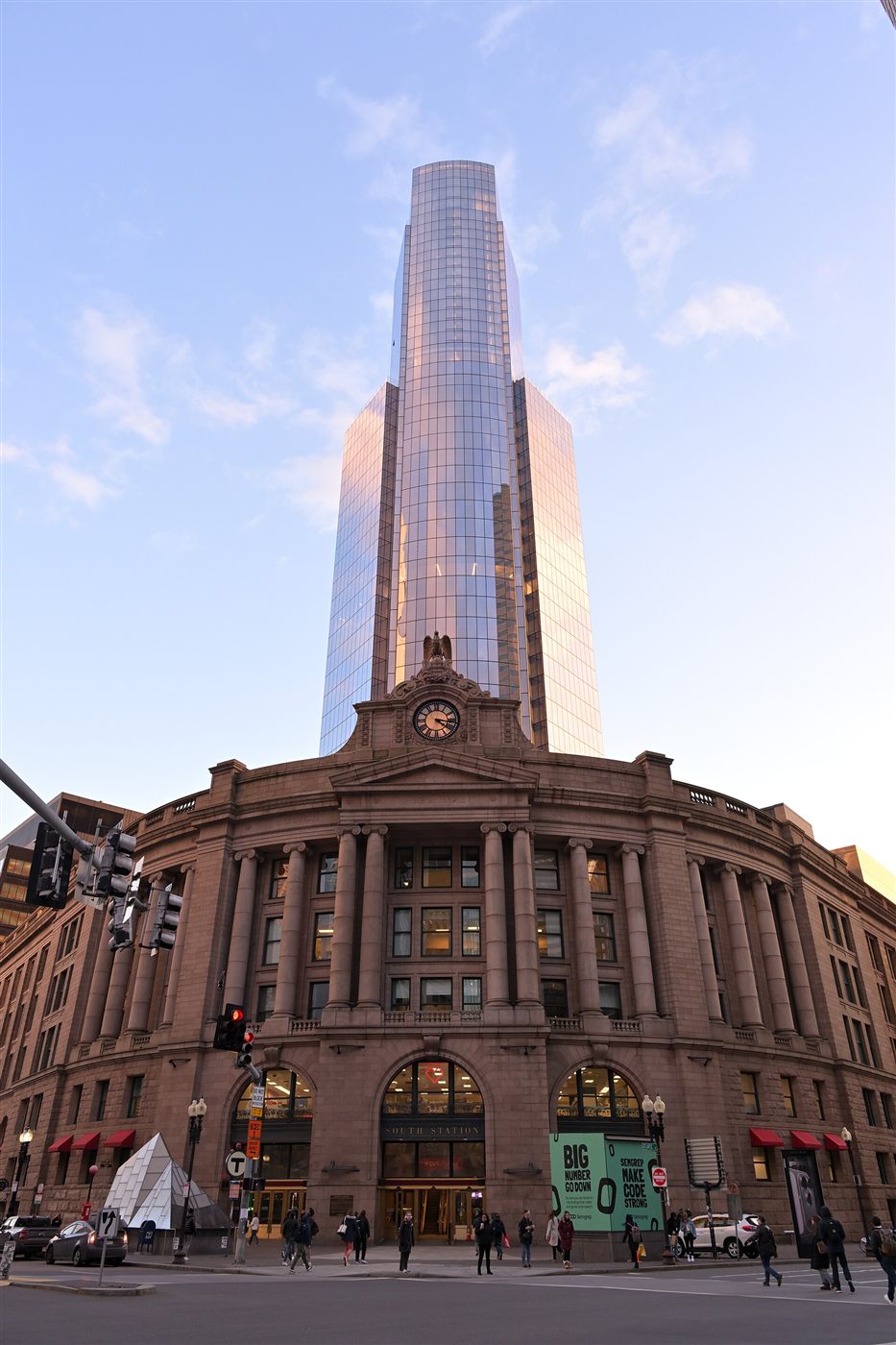 South Station Tower rising behind the historic South Station building in Boston