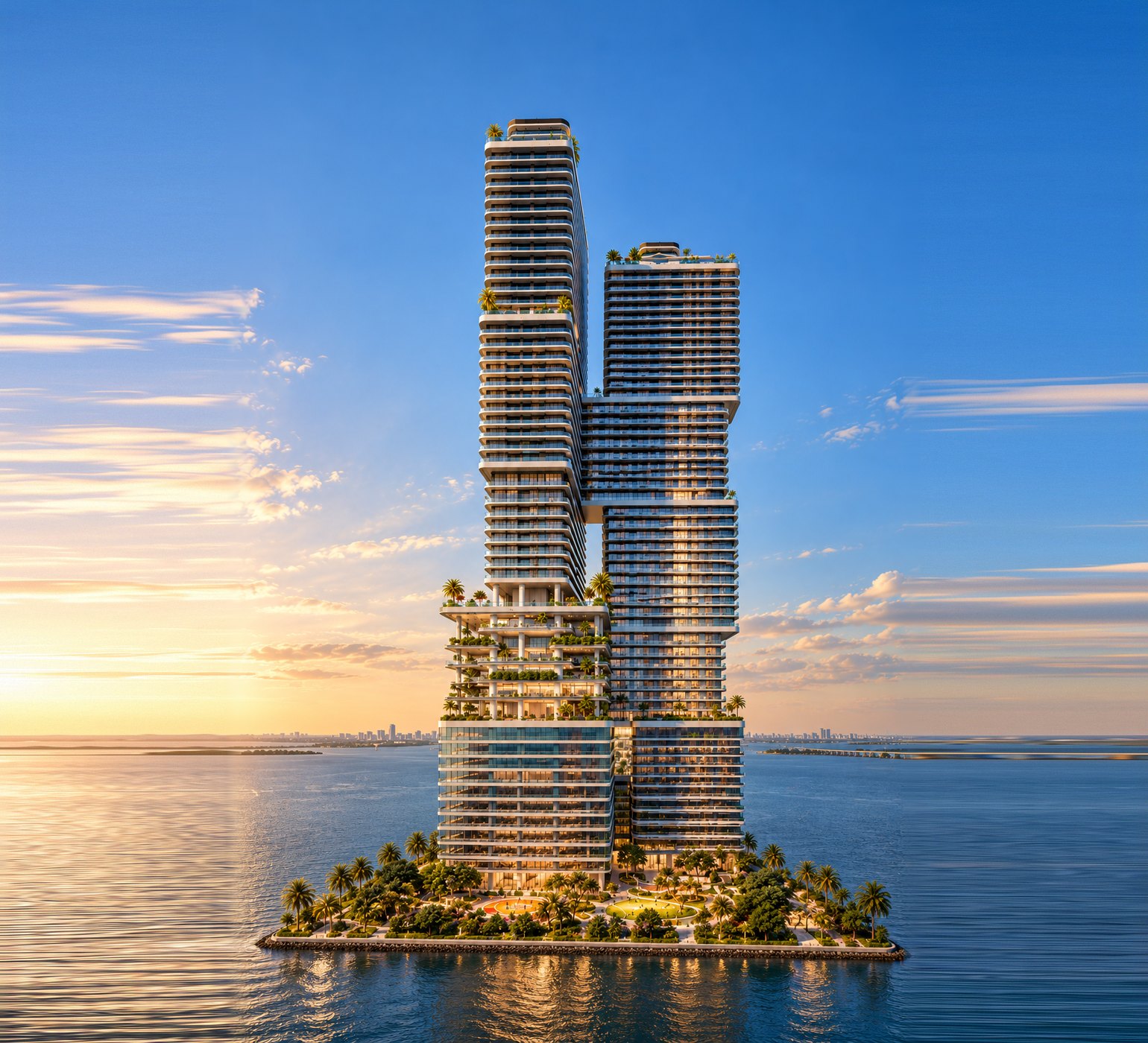 Illustration of Mercedes-Benz Places Miami on a palm island in Biscayne Bay at sunset