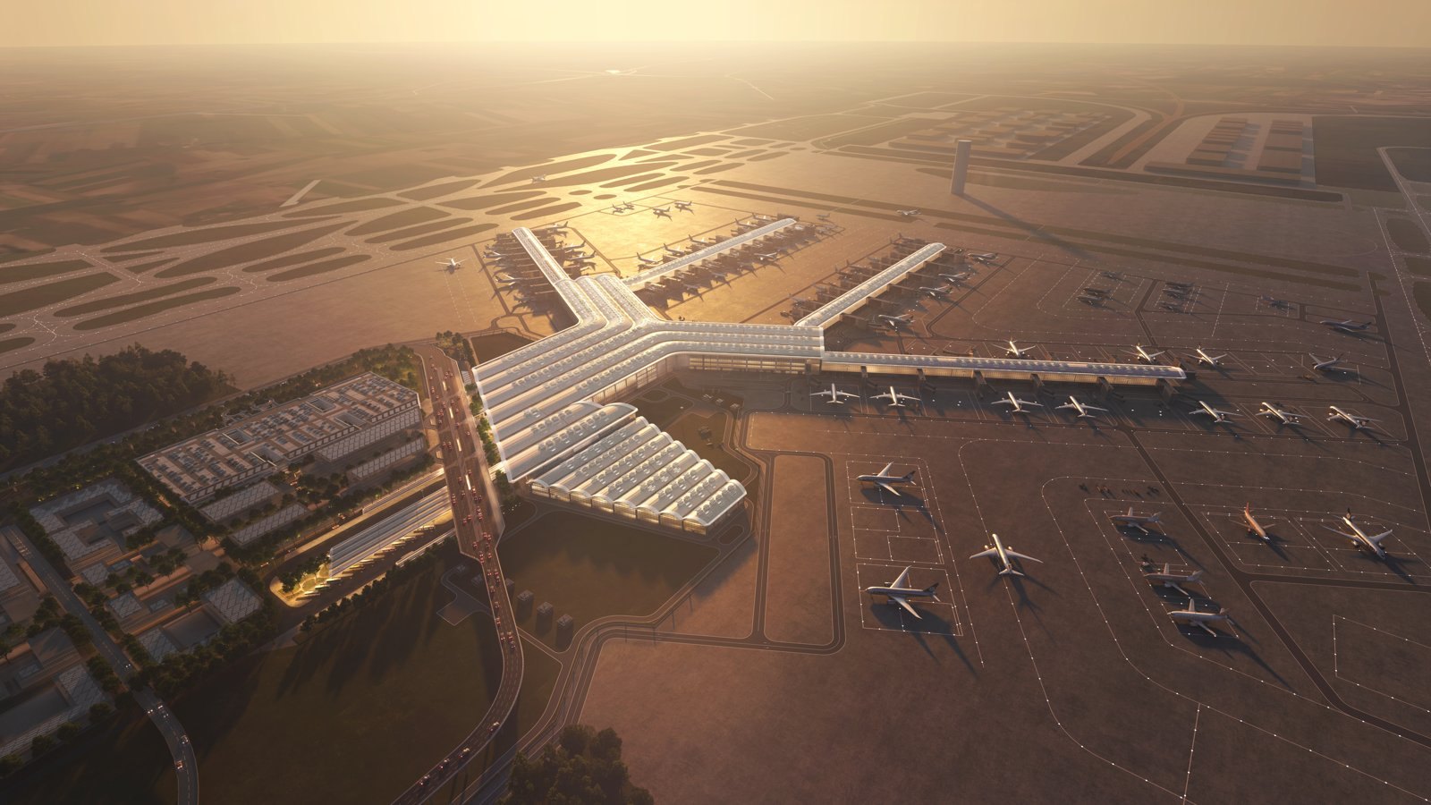 Rendering of the Port Polska airport terminal from the air at sunset