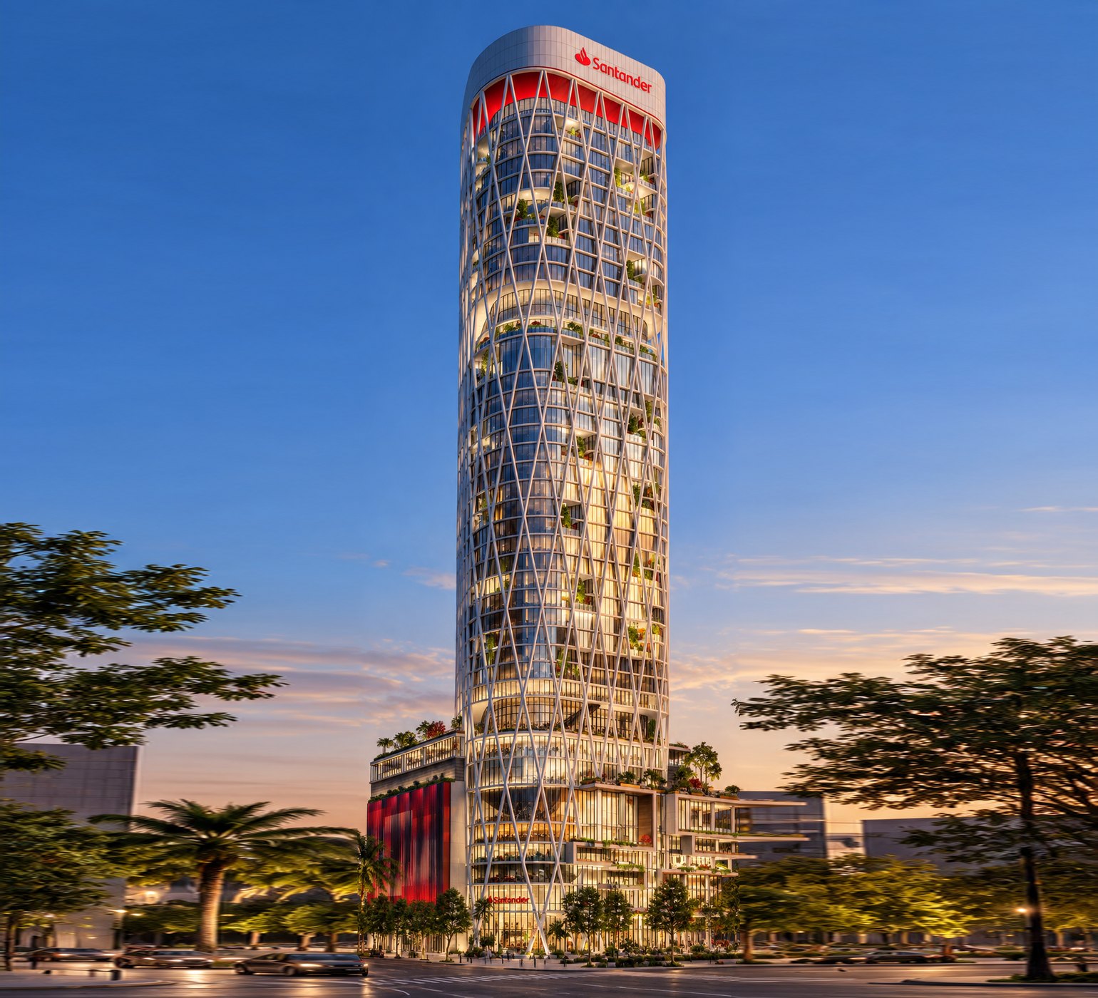 Illustration of Santander Tower (1401 Brickell) at dusk