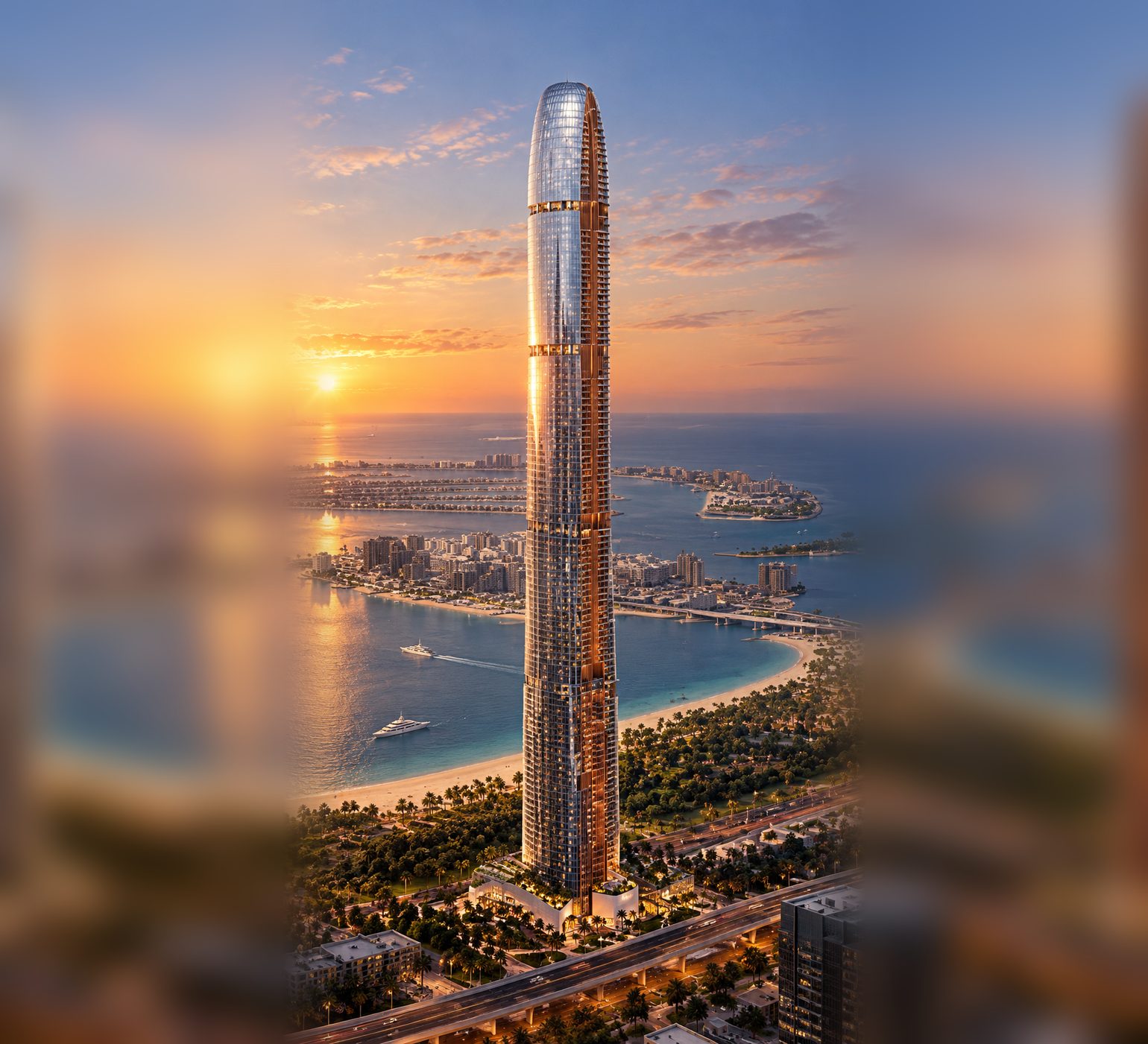 Illustration of Six Senses Residences in Dubai Marina at sunset